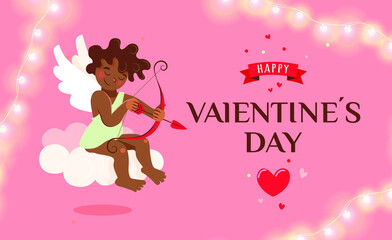 Valentine's day poster or card with a cute dark-skinned Cupid who is sitting on a pink cloud and aiming a bow at the heart.