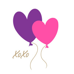 Flying heart shaped balloons. Xo xo. Valentine&rsquo;s Day love card.