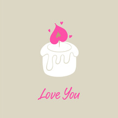 Love you text. Heart shaped burning candle. Valentine’s Day love card.