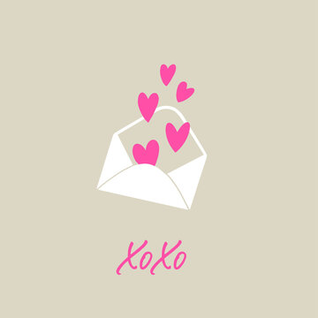 Love letter with hearts. Envelope with xoxo text. Valentine’s Day love card.