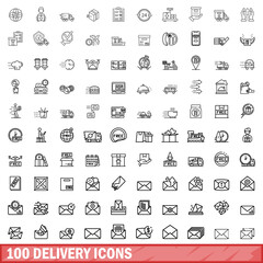 100 delivery icons set, outline style