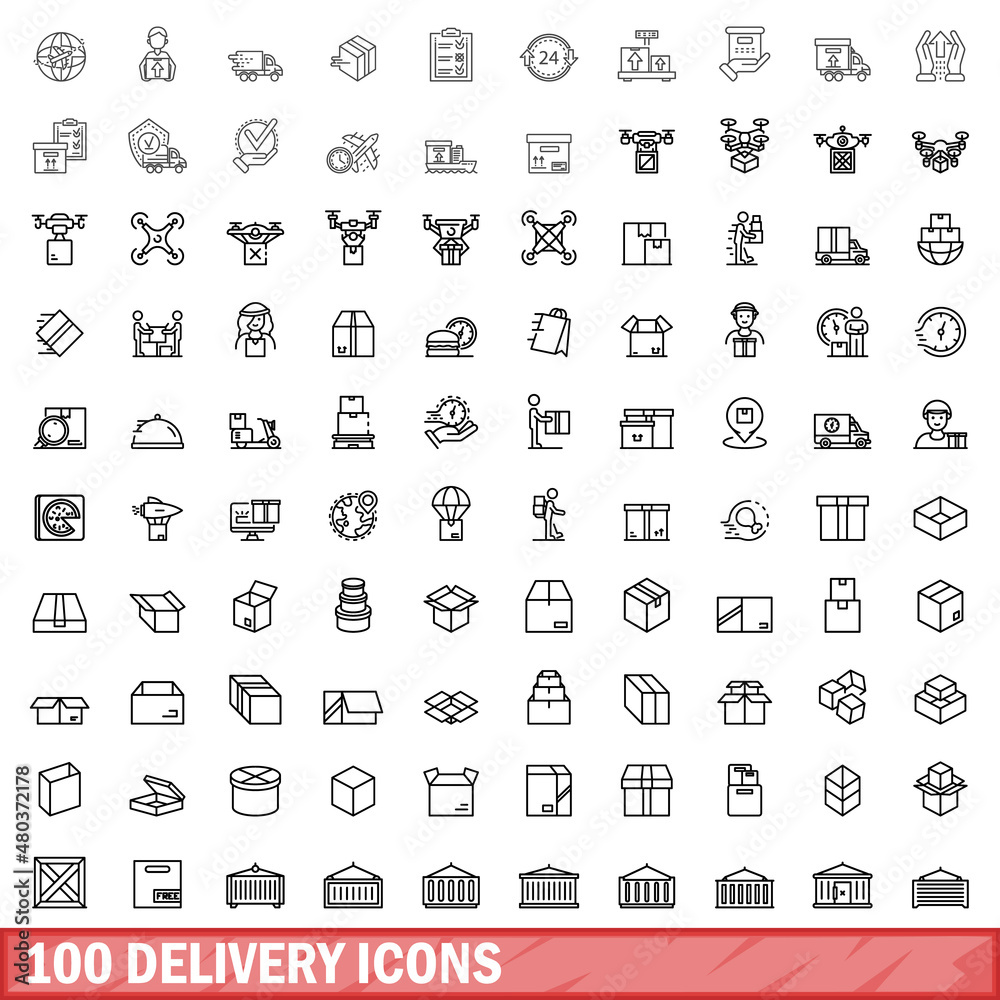 Wall mural 100 delivery icons set, outline style