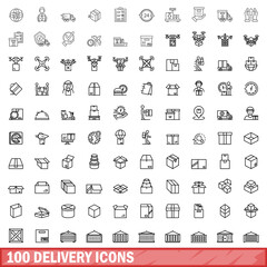 100 delivery icons set, outline style