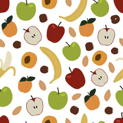 Seamless pattern with apples, apricot, banana, almonds and hazelnuts. Backgrounds and wallpapers for invitations, cards, fabrics, packaging, textiles, posters. Vector illustration.