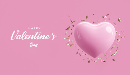 Happy valentine's day pink heart decoration in romantic pink background banner 3d render 
