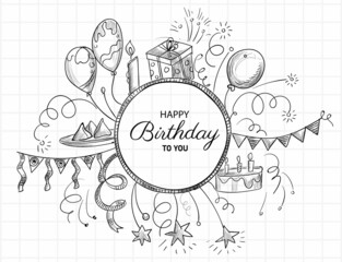 Happy birthday hand draw black and white doodle sketch