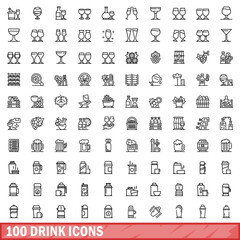 100 drink icons set, outline style