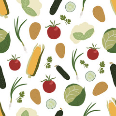 Seamless pattern with vegetables. Backgrounds and wallpapers for invitations, cards, fabrics, packaging, textiles, posters. Vector illustration.