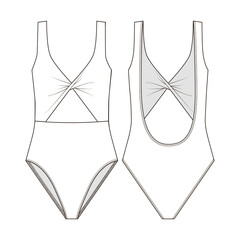 Fashion technical drawing of twist front cutout swimsuit