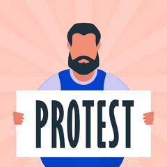 Brutal man with a banner in his hands. Protest concept. Cartoon style.