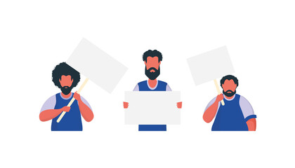 A guy with an empty banner in his hands. Protest concept. Vector illustration.