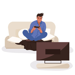 Isolated vector illustration guy playing video games on the sofa