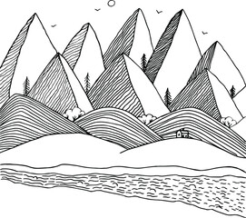 Mountain landscape. Vector sketch nature of mountains and fields near the river.
