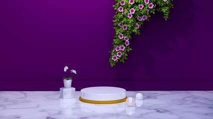 3d illustration podium for display product with flower and leaf