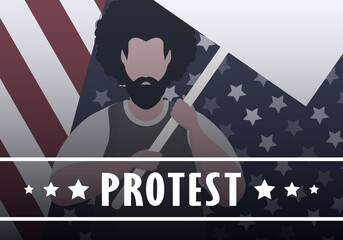 A guy with a banner in his hands on the background of the flag. Protest concept. Vector illustration.