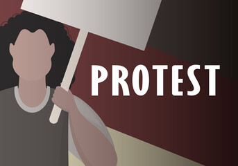 A guy with a banner in his hands on the background of the flag. Protest concept. Cartoon style. Vector illustration.