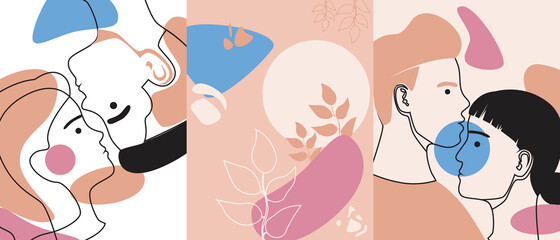 Collage of Three Modern Abstract Faces, Outline Vector Stock Illustration with Modern Contours of Couple Silhouettes with Color Spots and Shapes