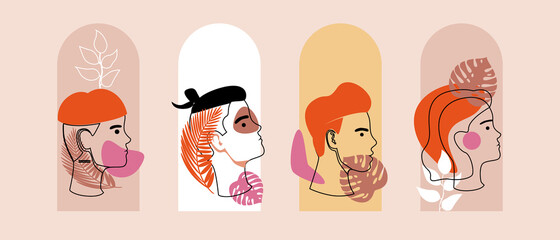 Modern abstract faces with abstract shapes, ilne Vector stock illustration as concept of minimalism with Modern silhouette woman, man, tropical leaves