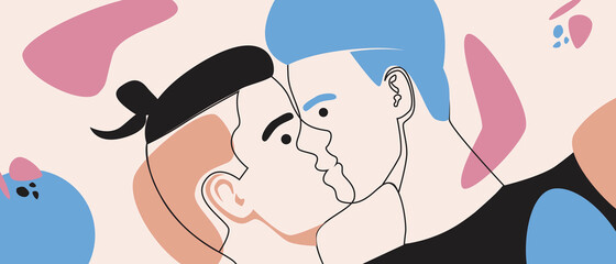 Modern modern faces with abstract shapes, vector stock illustration with silhouette of lgbtq couple for valentine's day