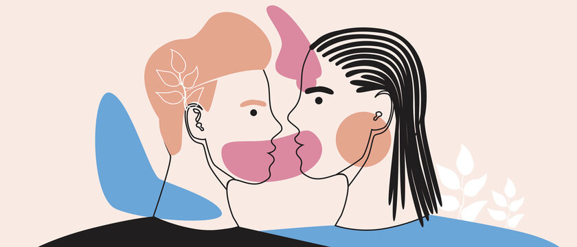Modern abstract outline gay faces, various geometric shapes, vector stock illustration with LGBTQ portrait in profile and kiss
