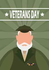 Veterans day banner. An old military man in uniform. Cartoon style.