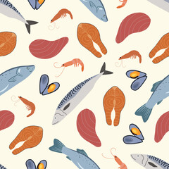 Seamless pattern with fish and seafood. Backgrounds and wallpapers for fabrics, packaging, textiles, posters. Vector illustration.