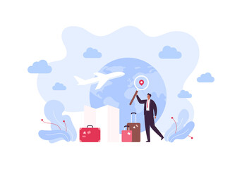 Fototapeta premium Business travel concept. Vector flat people illustration. Businessman hold magnifying glass in map pin on planet earth with plane background. Suitcase, luggage bag, guide symbol