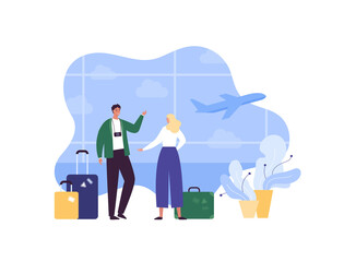 Tourism and airplane travel concept. Vector flat people illustration. Couple of man with photo camera and blond woman with baggage on airport window with plane background.