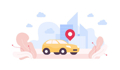 Car sharing and taxi concept. Vector flat design illustration. Yellow car on city background. Map pin symbol.