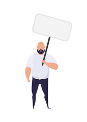 A man holds an empty banner in his hands. With space for your text. Rally or protest concept. Vector illustration.