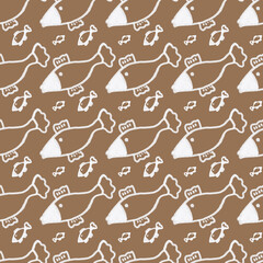Abstract geometric pattern with small fish. Hand-drawn ornament. Design of fabric, textiles, clothing, wallpaper, wrapping paper, background, cover.