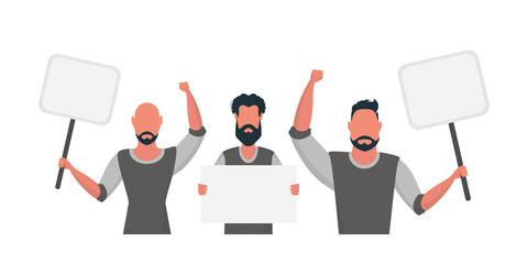 A group of men with an empty banner in their hands. With space for your text. Rally or protest concept. Vector illustration.
