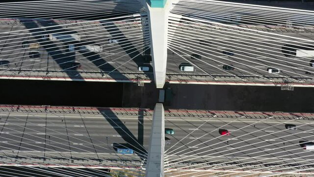 Aerial top view of cable-stayed bridge with cars in St.Petersburg, 4k