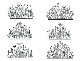 Set of field flowers. Collection of summer plants with insects. Floral glade with grass and plants. Wild flower. Vector illustration of vinyl sticker on the wall.