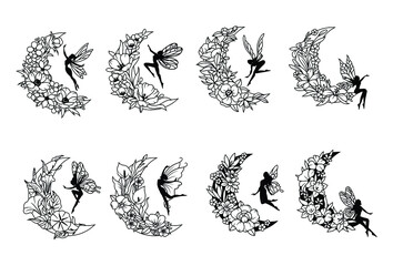 Set of flowers crescent moon with fairies. Collection of moon with floral arrangement. Vector illustration of a cosmic body with fairy-tale characters. Tattoo. 