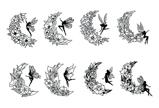 Set of flowers crescent moon with fairies. Collection of moon with floral arrangement. Vector illustration of a cosmic body with fairy-tale characters. Tattoo. 