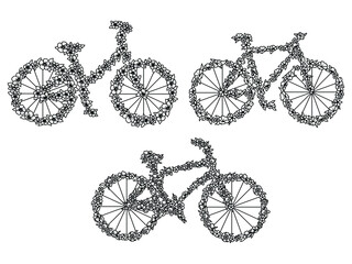 Set of floral bicycles. Collection of bike with flower bouquets. Vector illustration isolated on white background. Design for t-shirts.