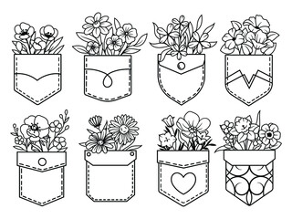 Set of cute flowers in a pocket. Collection of flower bouquet inside pocket. Wild flower. T-shirt design. Hand drawn. Vector illustration for a store.