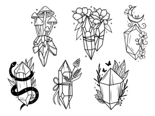 Set of magic crystals. Collection of  mystical crystals with geometric figure, celestial snake, crescent moon and mushrooms. Witchcraft items. Mystical nature. Vector illustration on white background.