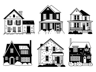 Set of different house. Collection of residential buildings with lawn, bushes. Logo for realtors. Vector illustration on a white background.