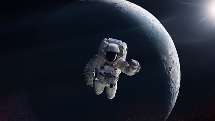 Fototapeta na wymiar Astronaut is flying in outer space on big Moon background. Elements of this image furnished by NASA.
