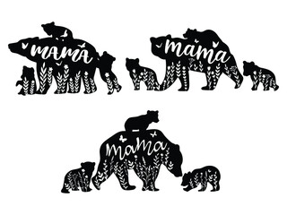Set of mama bear and baby bears. Collection of silhouette mother bear with cute flower. Vector illustration for animal for mother day. Zoo design. Tattoos.