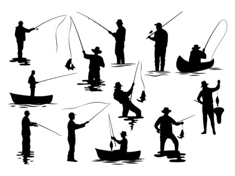 Set of silhouette fisherman. Collection of fishing man on the waves and of the boat. Emblem for fishing clubs. Vector illustration of sport hobby on white background.