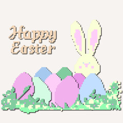Easter banner with a rabbit and beautiful painted eggs on the grass. The concept of Easter egg hunting or the art of egg decoration
