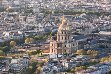 Aerial photo of Paris with Les Invalides during evening, famous landmark in Paris, France