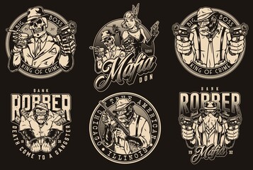 Vintage monochrome set of mafia characters - obrazy, fototapety, plakaty