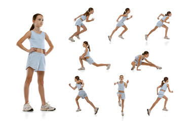 Portrait of girl, teenager in blue sportswear training, running isolated over white background....