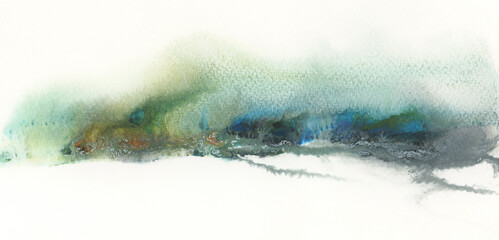 Abstract watercolor and acrylic flow blot smear painting. Winter landscape. Color canvas texture horizontal long background.