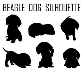 Six Beagle dog animal silhouette, Dog breeds silhouette, Animal silhouette symbol, Vector dog breeds silhouettes set 02