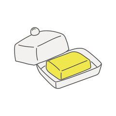 yellow butter in a white butter dish is drawn in doodle style with a gray outline on a white background isolate